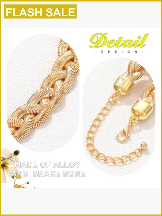 Gold Herringbone Snake Chain Choker Necklace with Adjustable Extension - Picture 6 of 7